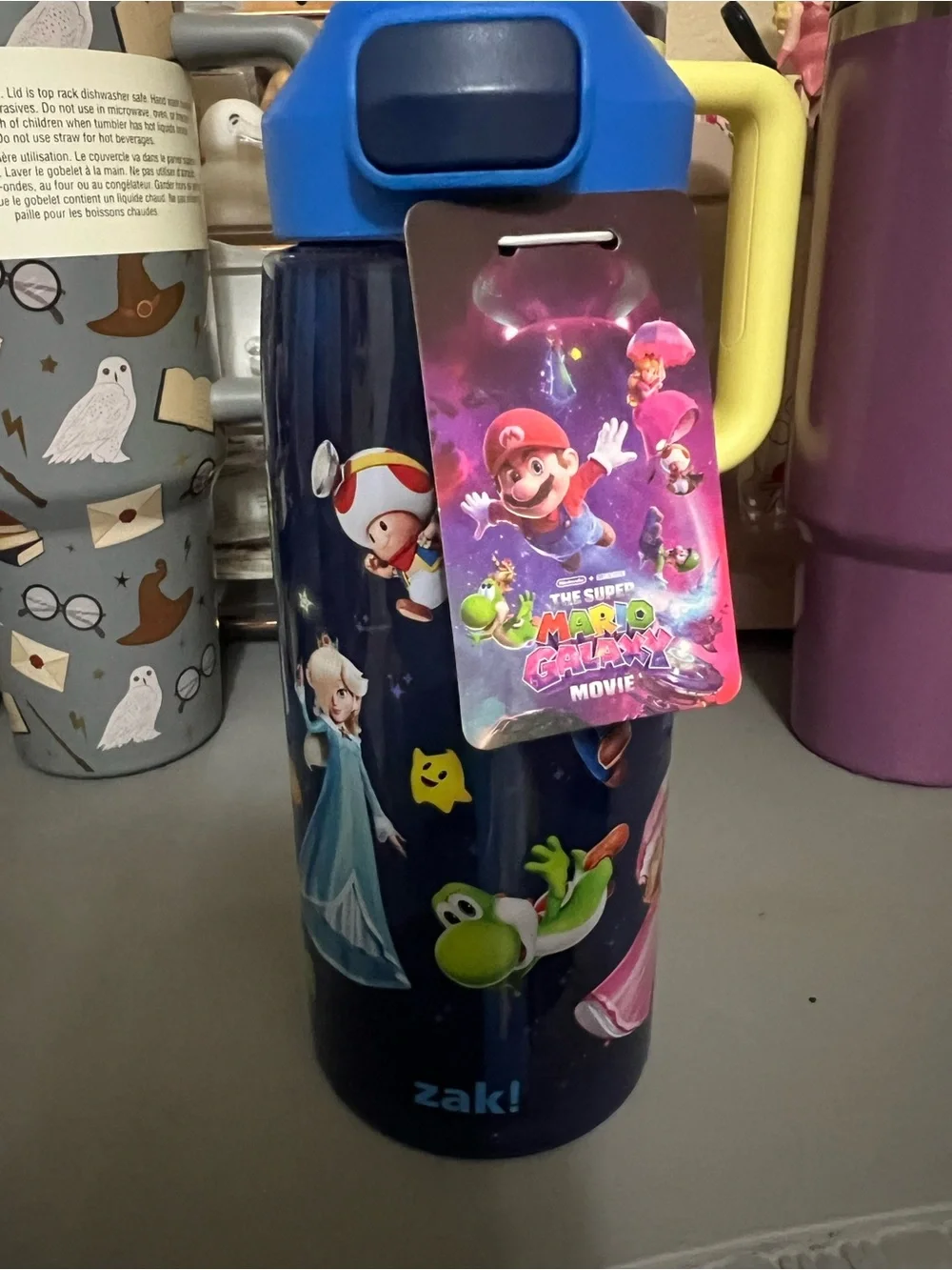 Super Mario Galaxy Movie Kids Water Bottle - Navy Blue with Yellow Handle